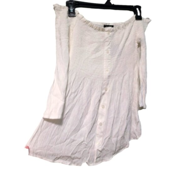 White Off-Shoulder Smocked Peasant Cottage Core Flounce Long Sleeve Crepe Top - Picture 2 of 11